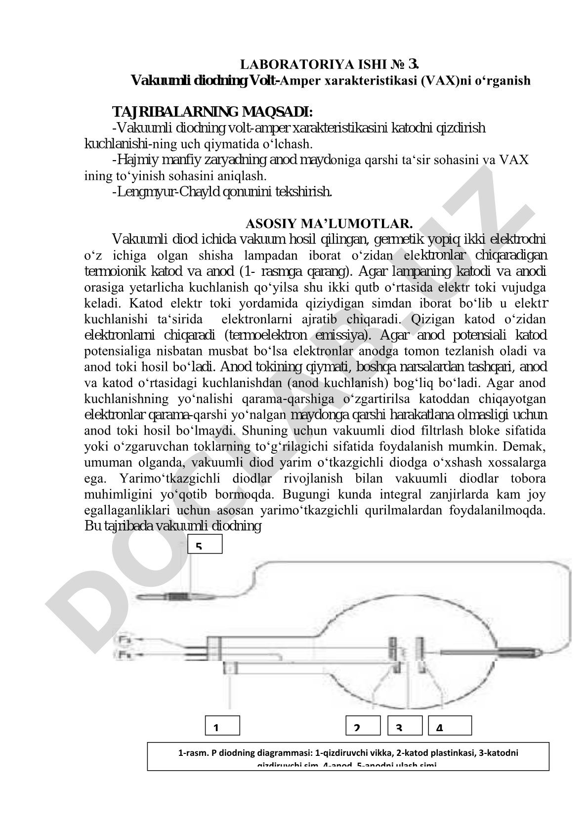 Vakuumli diodning Volt-Amper xarakteristikasi (VAX)ni oʻrganish