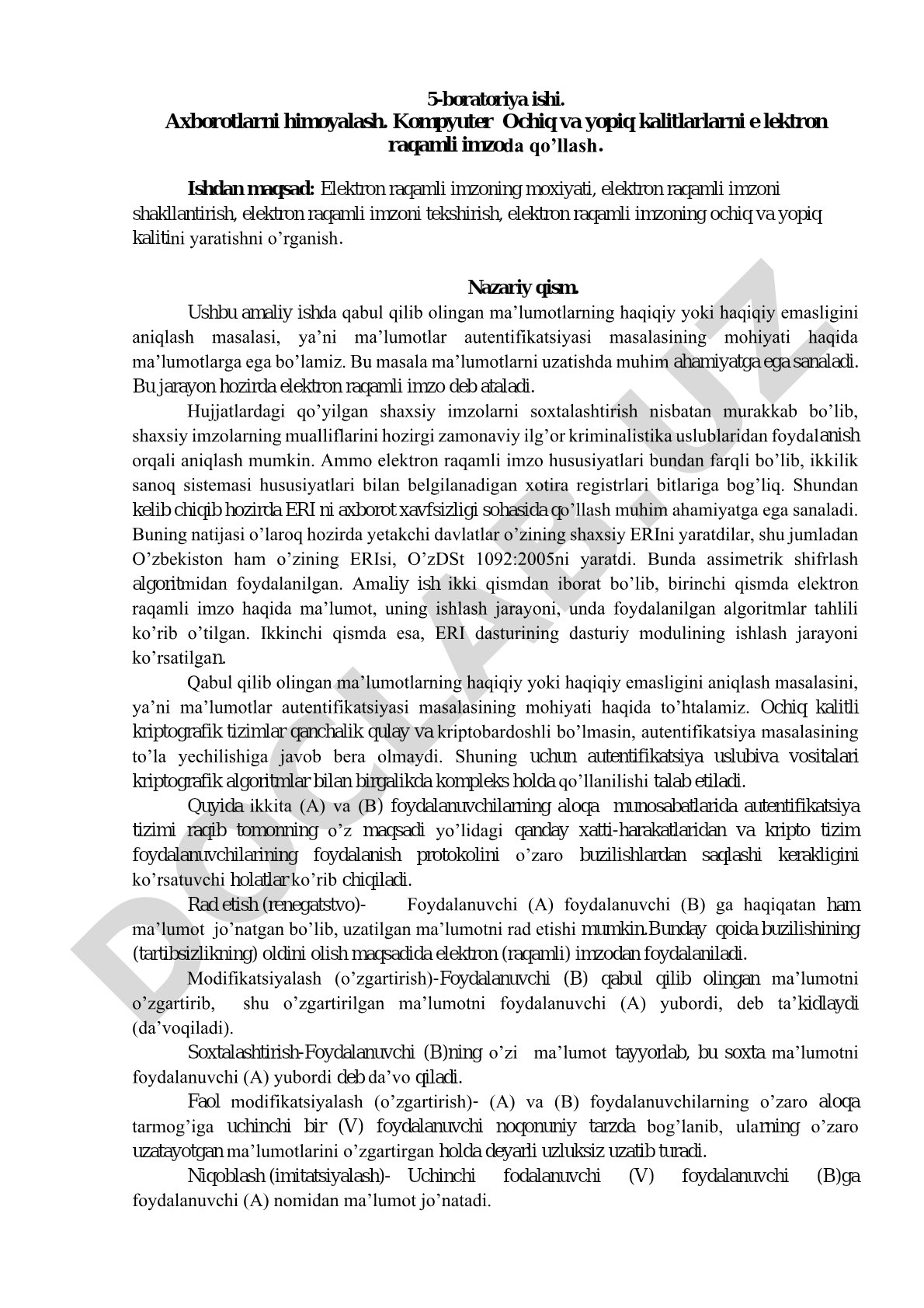 Axborotlarni himoyalash. Kompyuter Ochiq va yopiq kalitlarlarni elektron raqamli imzoda qo’llash