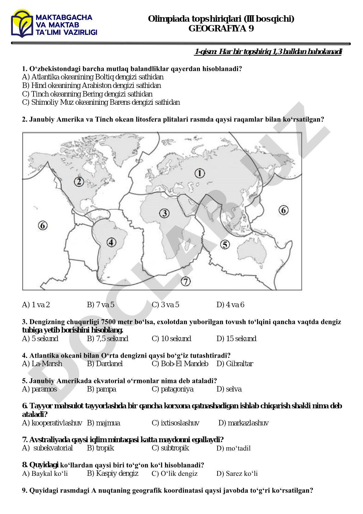 Geografiya olimpiadasi III bosqich topshiriqlari (9-sinf)