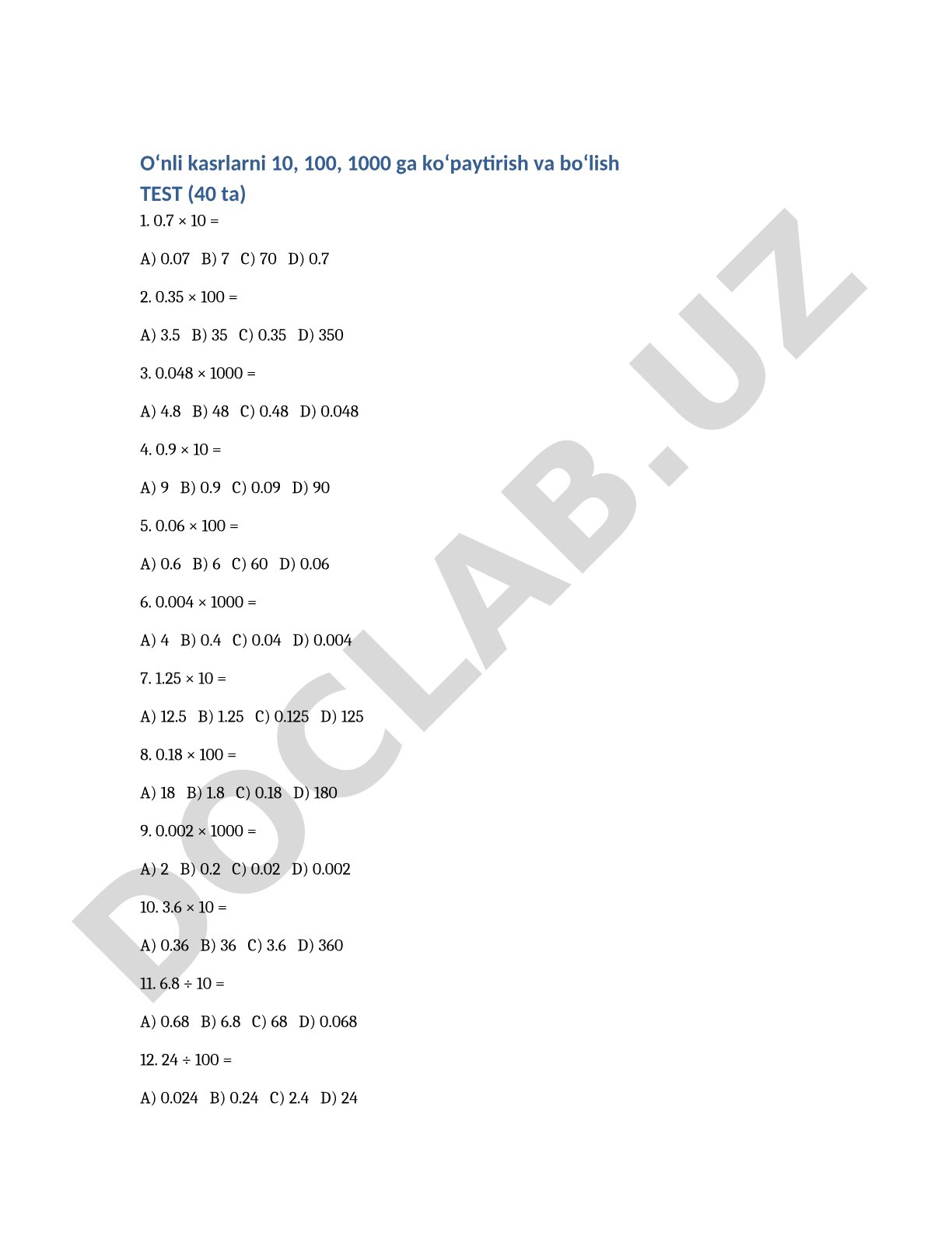 O'nli kasrlarni 10, 100, 1000 ga ko'paytirish va bo'lish