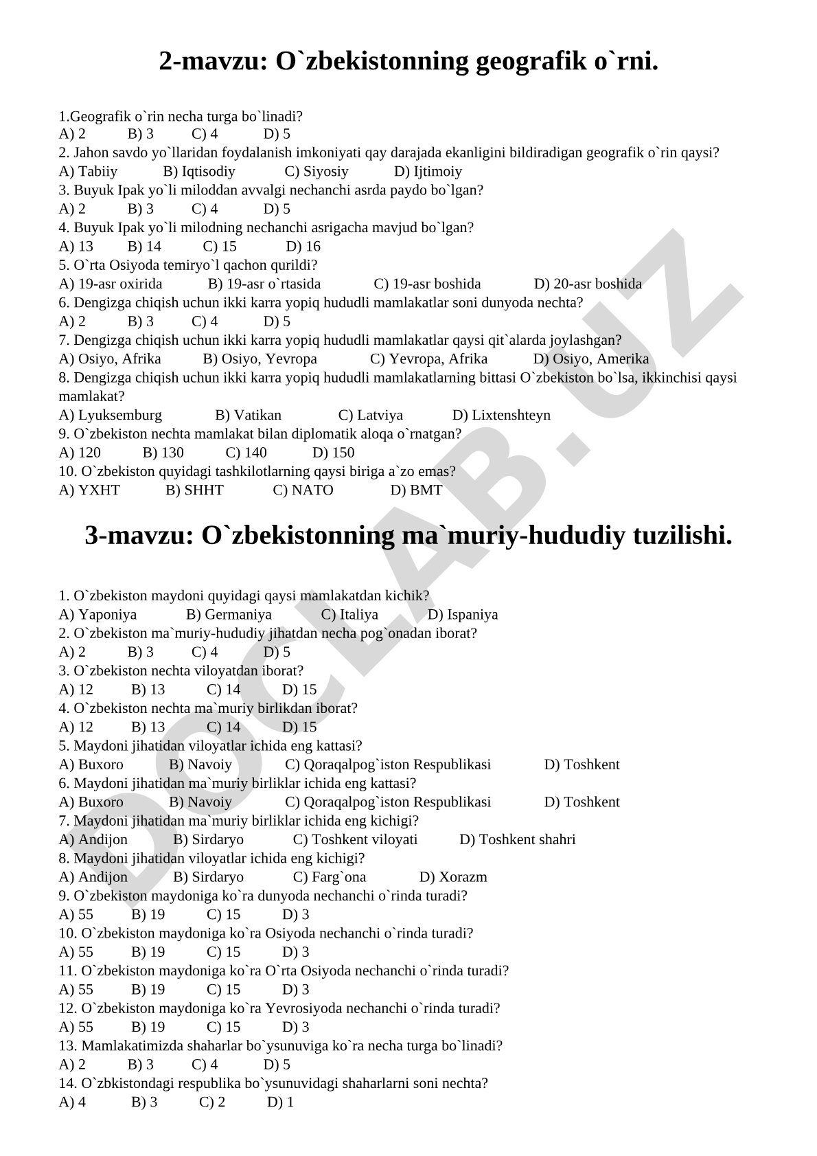 O'zbekistonning geografik o'rni