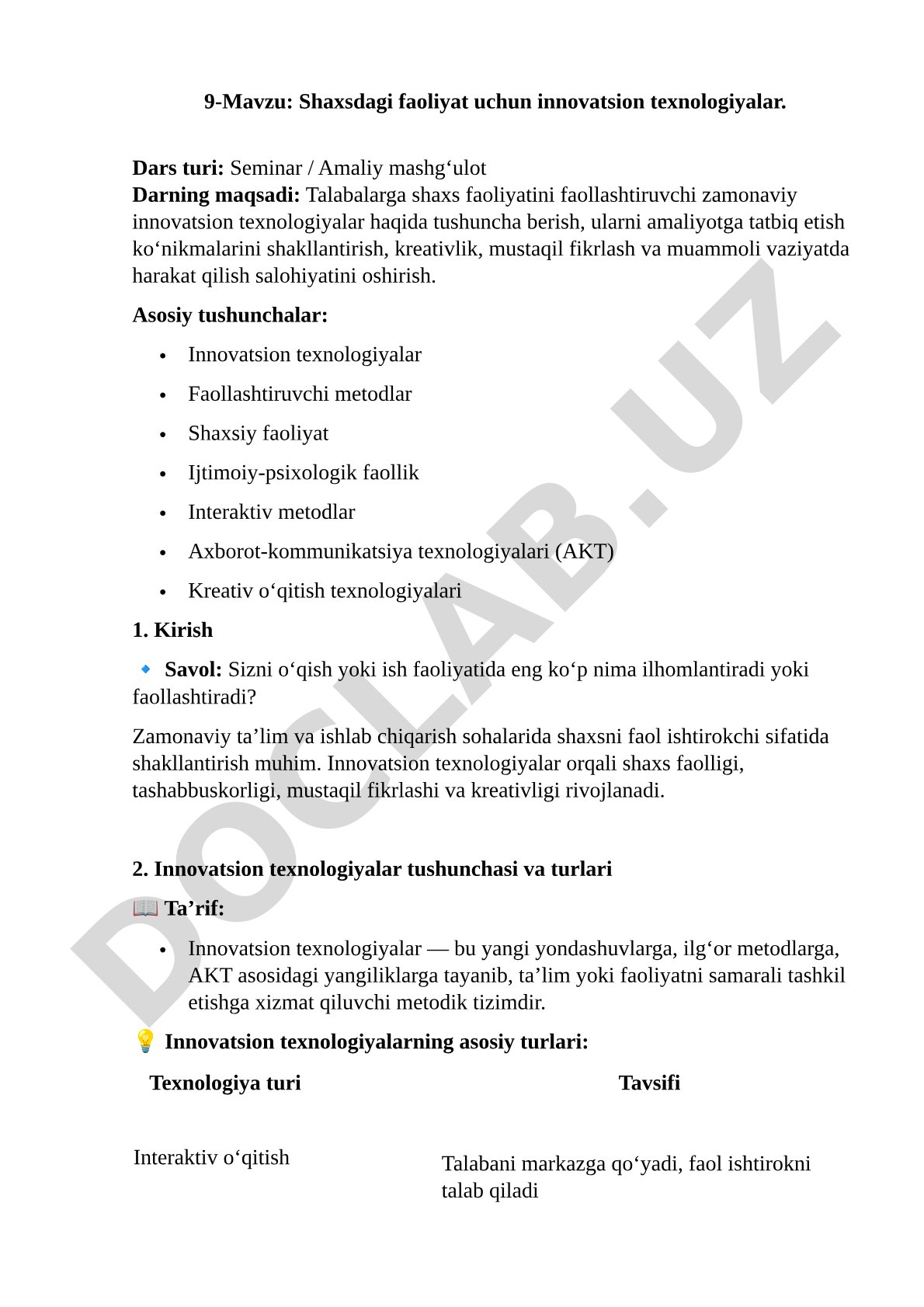 Shaxsdagi faoliyat uchun innovatsion texnologiyalar