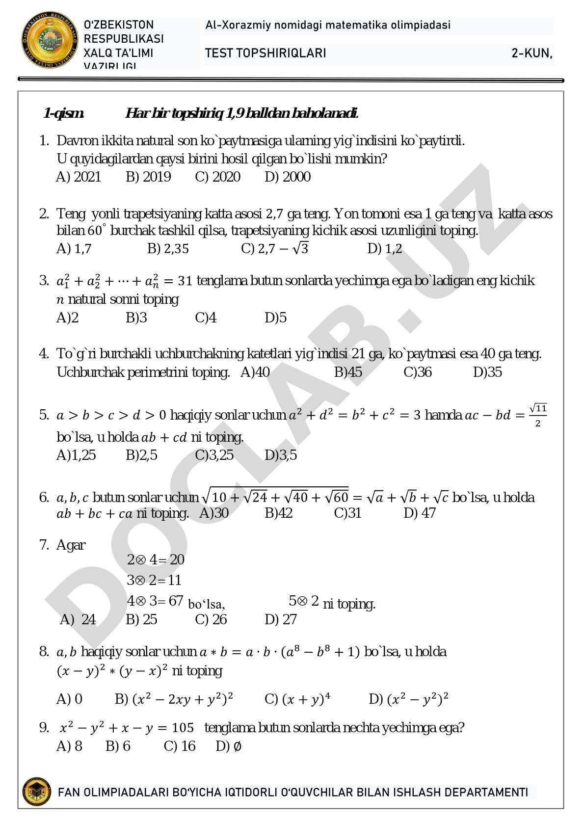 Al-Xorazmiy nomidagi matematika olimpiadasi test topshiriqlari 2-kun, 24-mart 1-qism