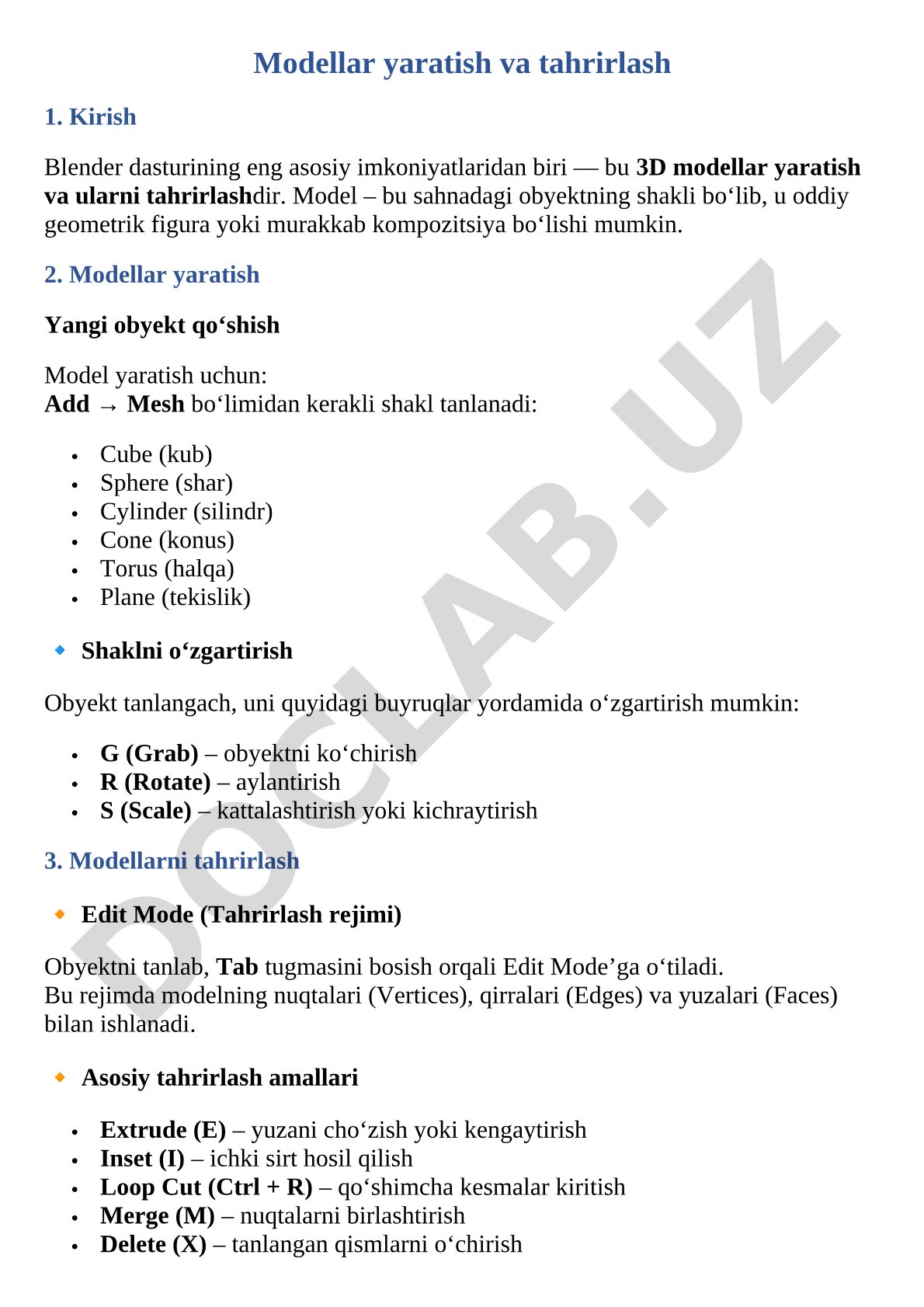 Blender dasturida 3D modellar yaratish va tahrirlash
