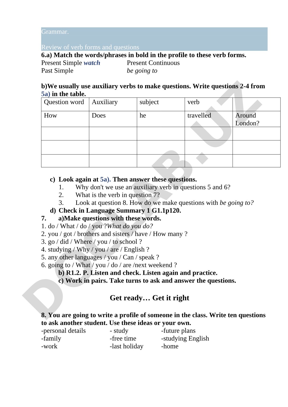 Grammar Review of Verb Forms and Questions