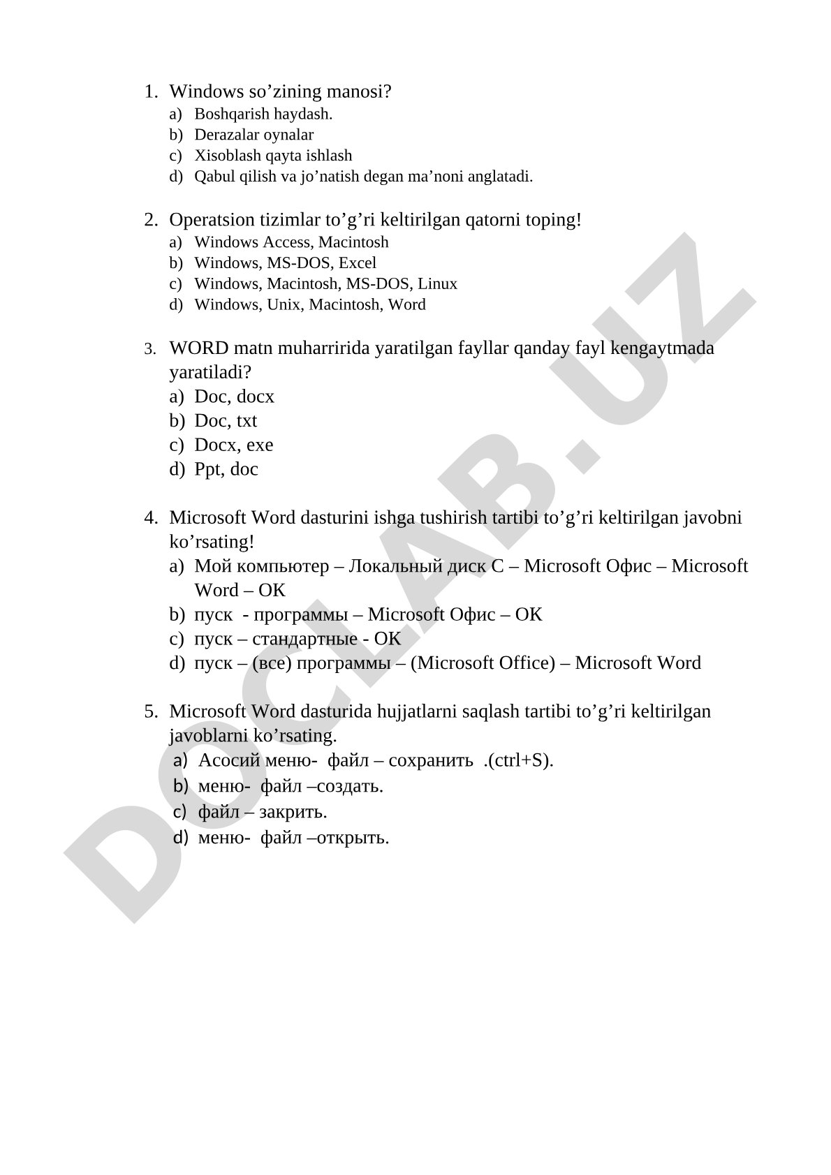 Windows operatsion tizimi va Microsoft Word bo'yicha test