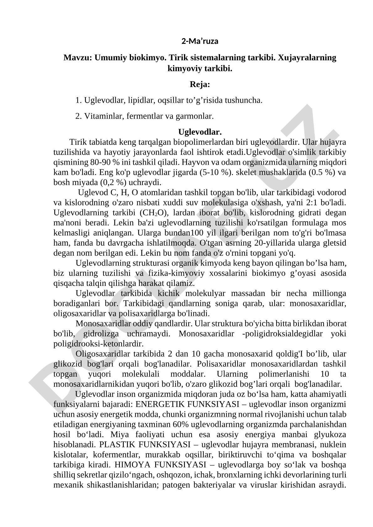 Umumiy biokimyo. Tirik sistemalarning tarkibi. Xujayralarning kimyoviy tarkibi.