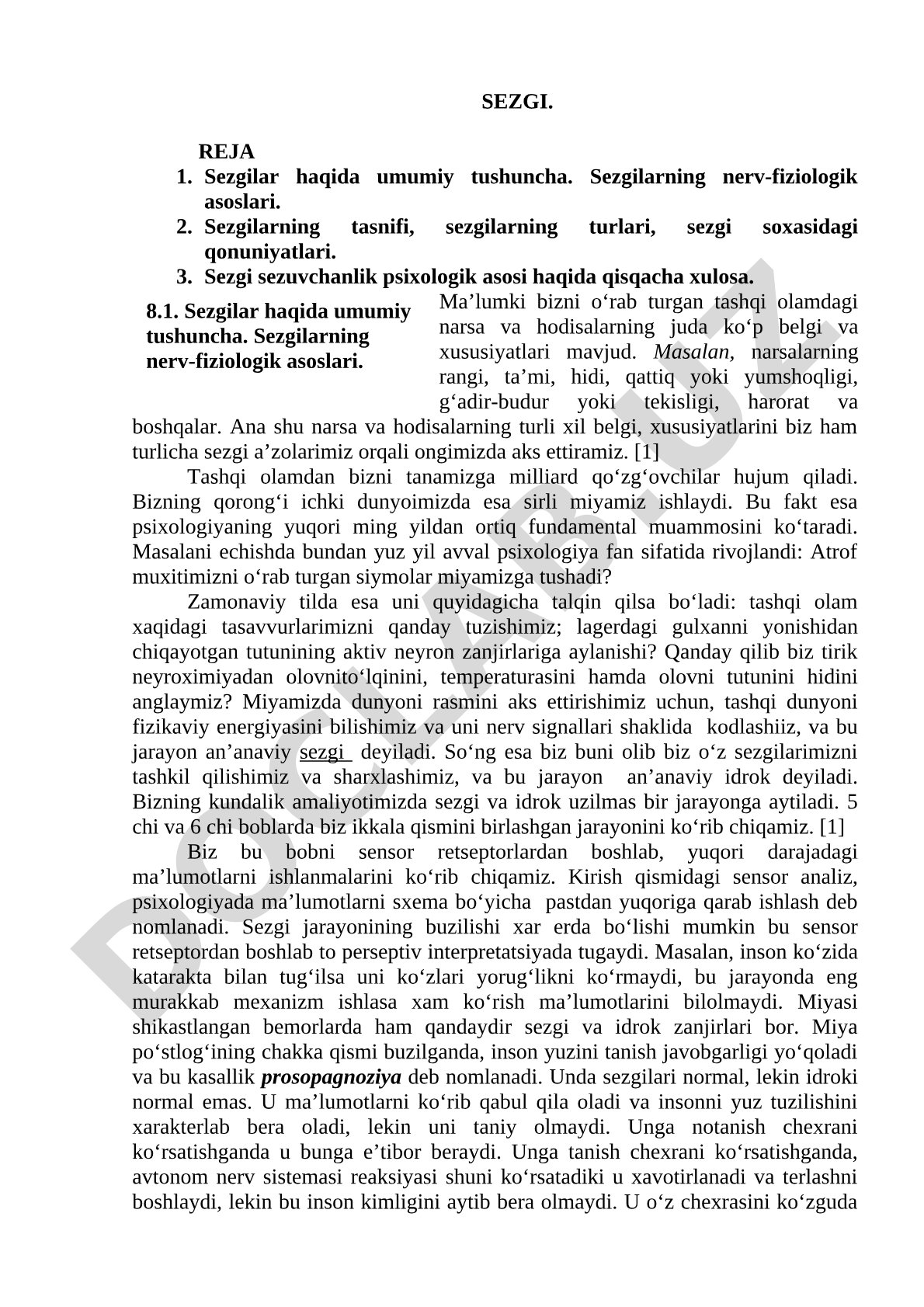 Sezgilar: umumiy tushuncha, nerv-fiziologik asoslari va tasnifi