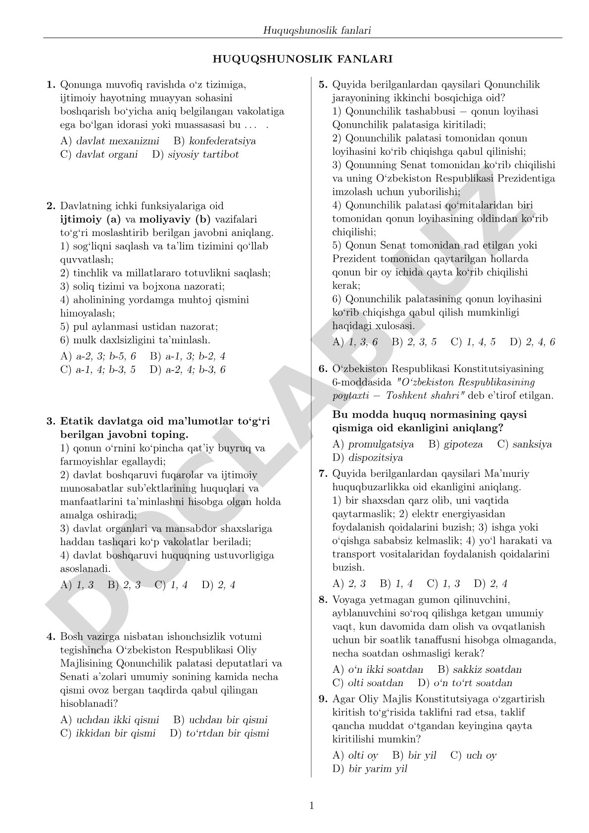 Huquqshunoslik fanidan davlat organi, davlat funksiyalari va etatik davlat haqidagi test