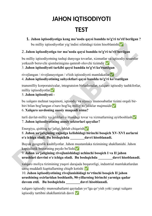 Jahon iqtisodiyoti test savollari va javoblari