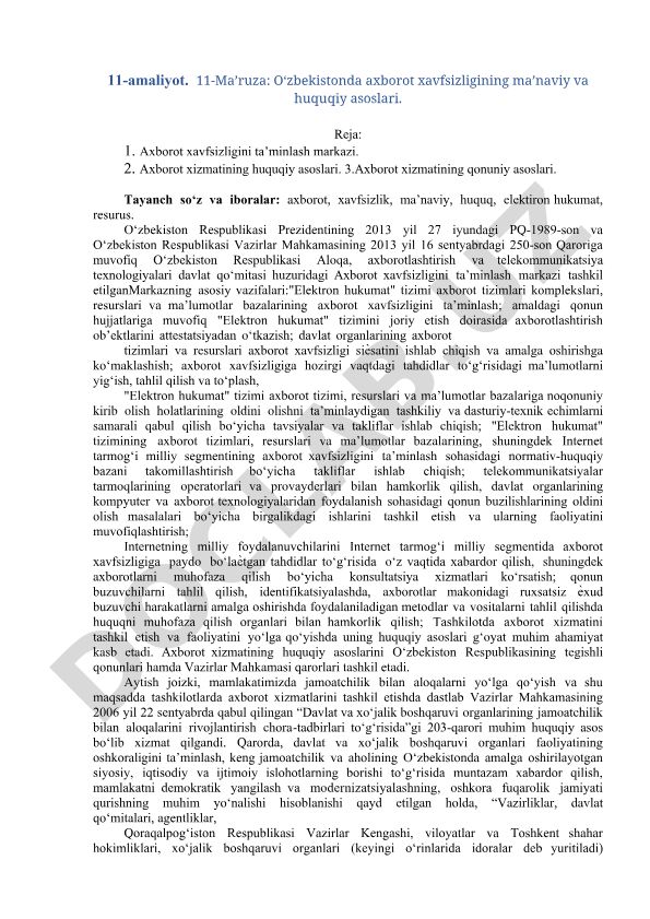O‘zbekistonda axborot xavfsizligining ma’naviy va huquqiy asoslari