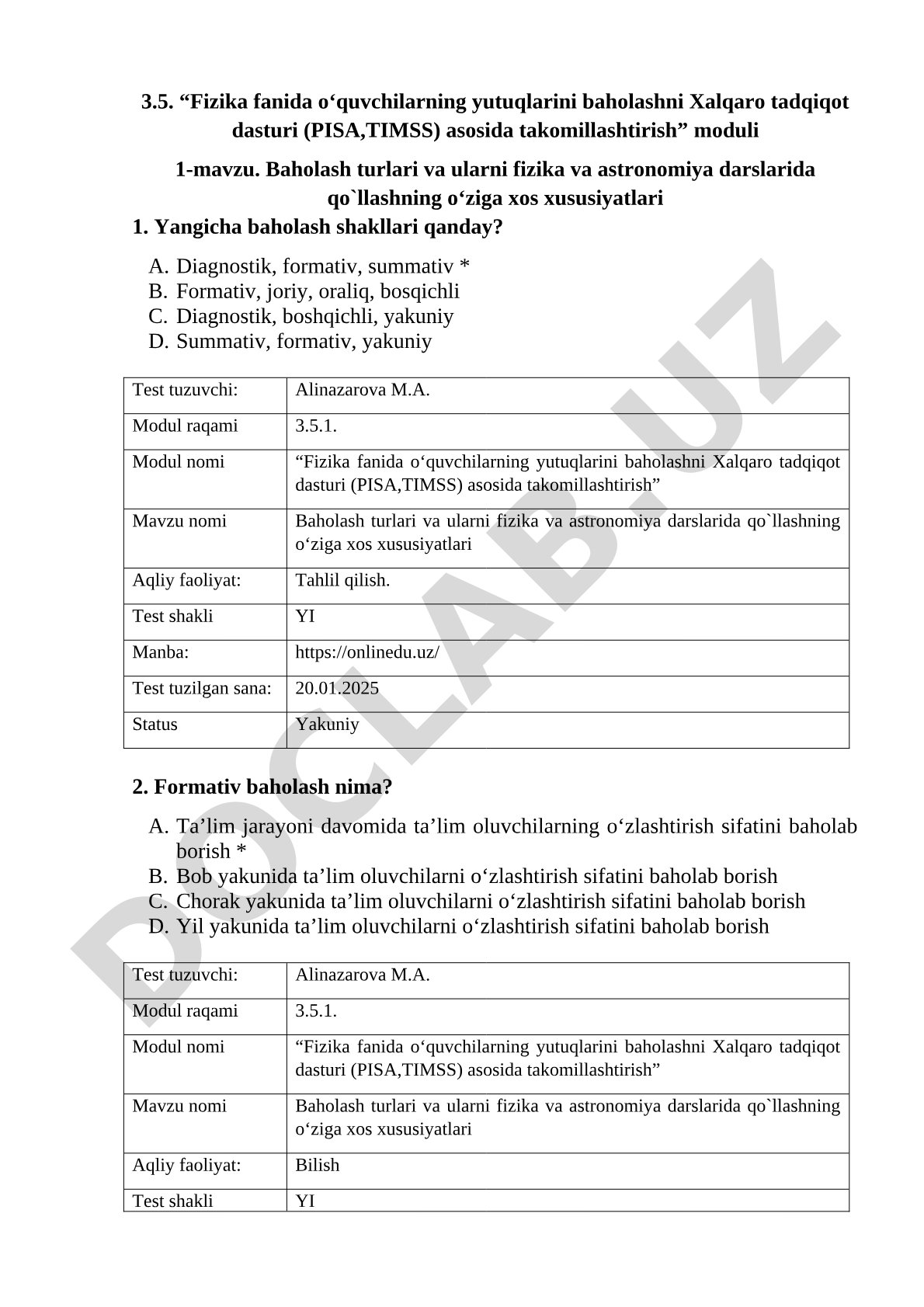 Baholash turlari va ularni fizika va astronomiya darslarida qo`llashning o‘ziga xos xususiyatlari