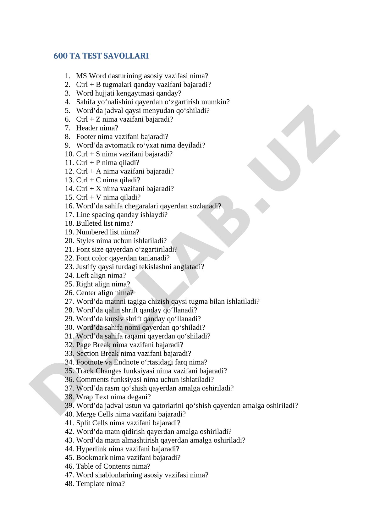 MS Word dasturi bo'yicha test savollari