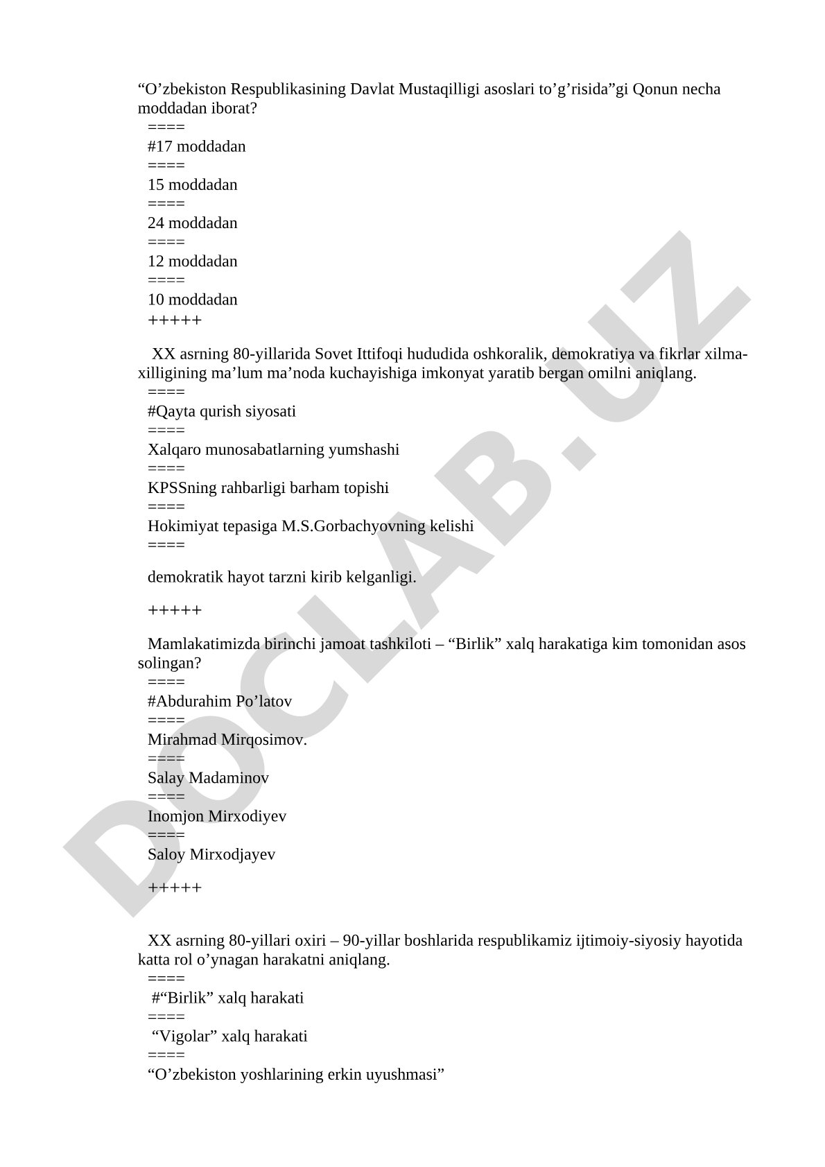 O’zbekiston mustaqilligi asoslari va harakatlari test savollari