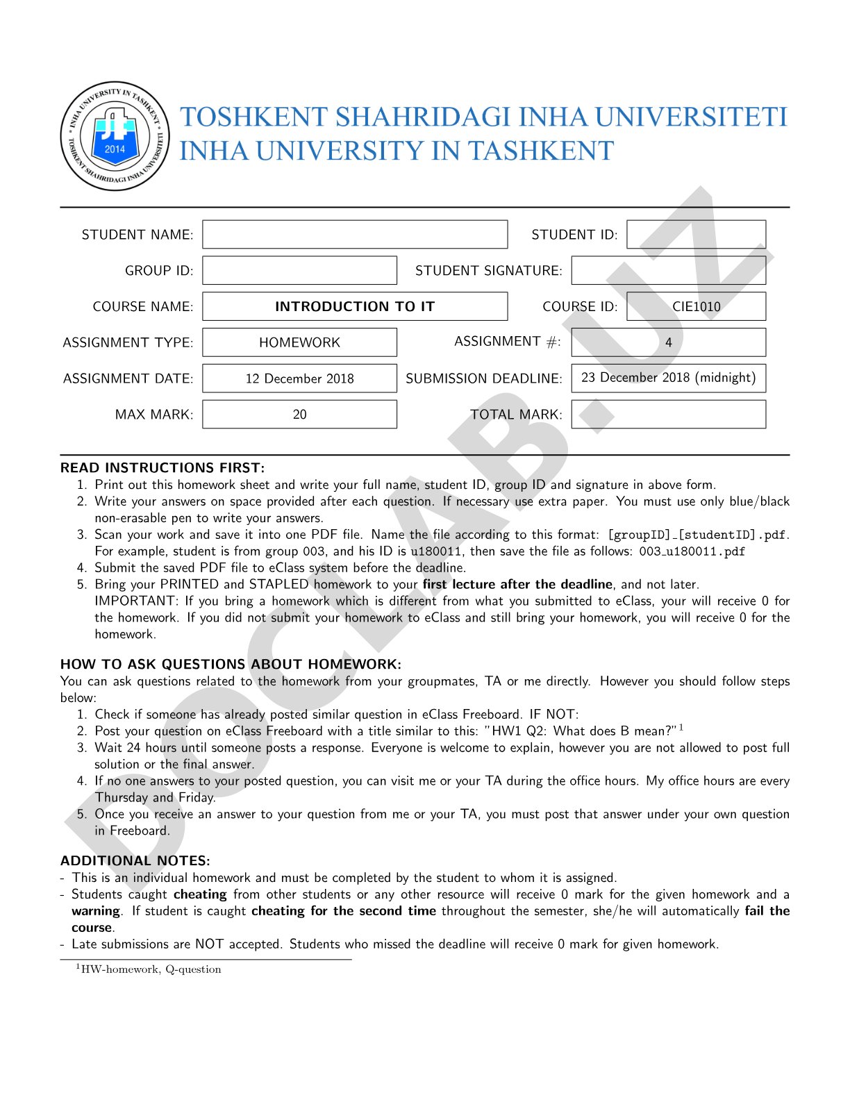 Introduction to IT Homework Assignment 4