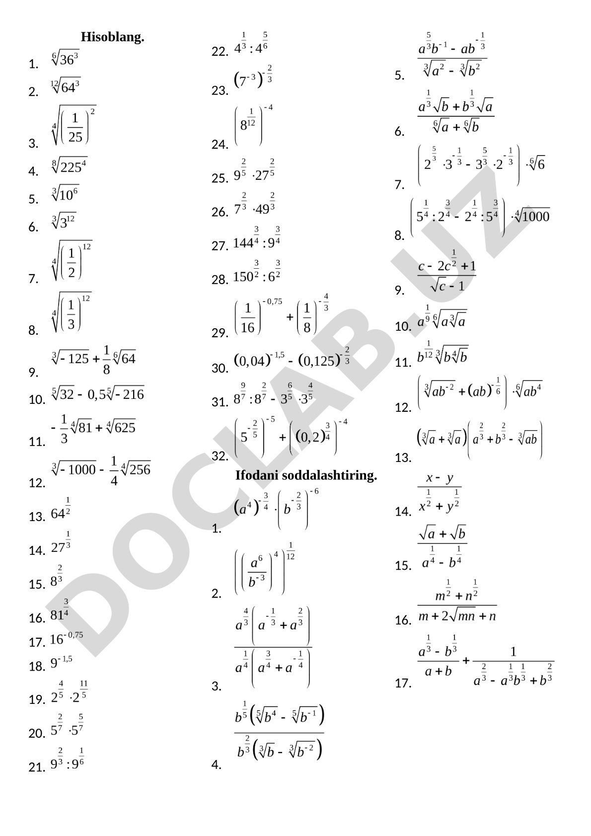 Matematik ifodalarni hisoblash va soddalashtirish