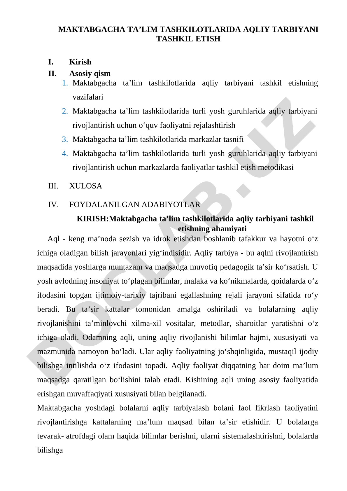 Maktabgacha ta’lim tashkilotlarida aqliy tarbiyani tashkil etish