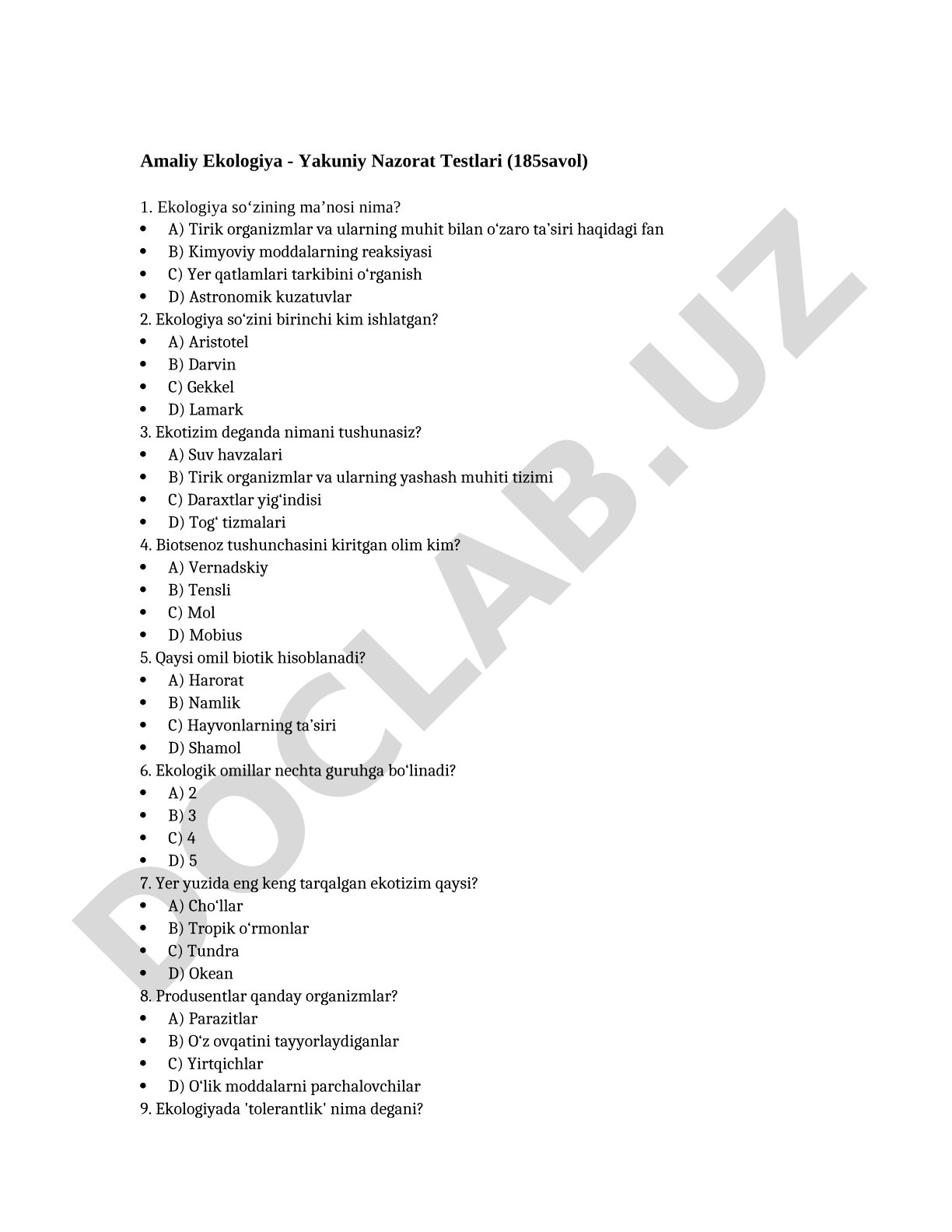 Amaliy Ekologiya - Yakuniy Nazorat Testlari (185savol) 1