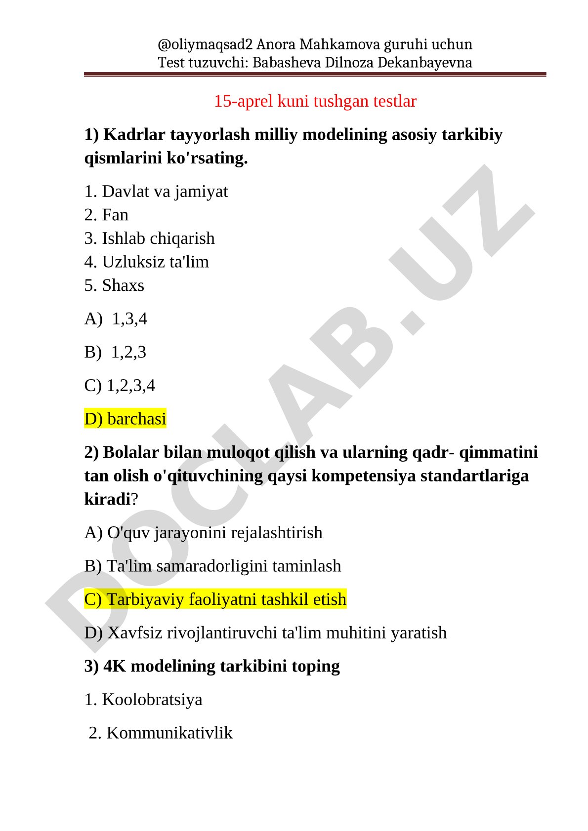 Pedagogika va ta'lim modellari bo'yicha test savollari