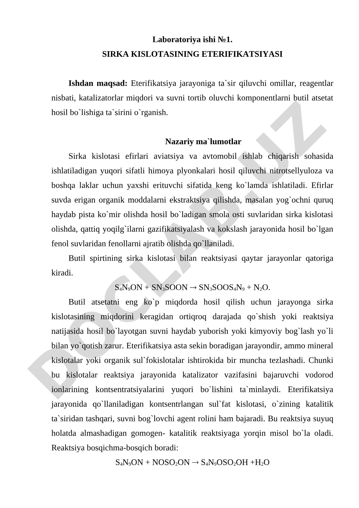 Sirka kislotasining eterifikatsiyasi