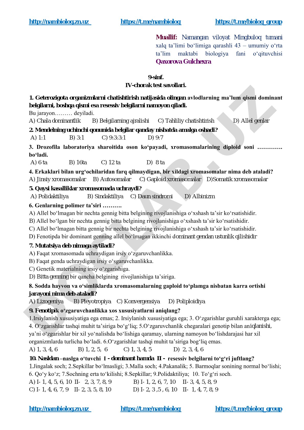 9-sinf biologiya IV-chorak test savollari
