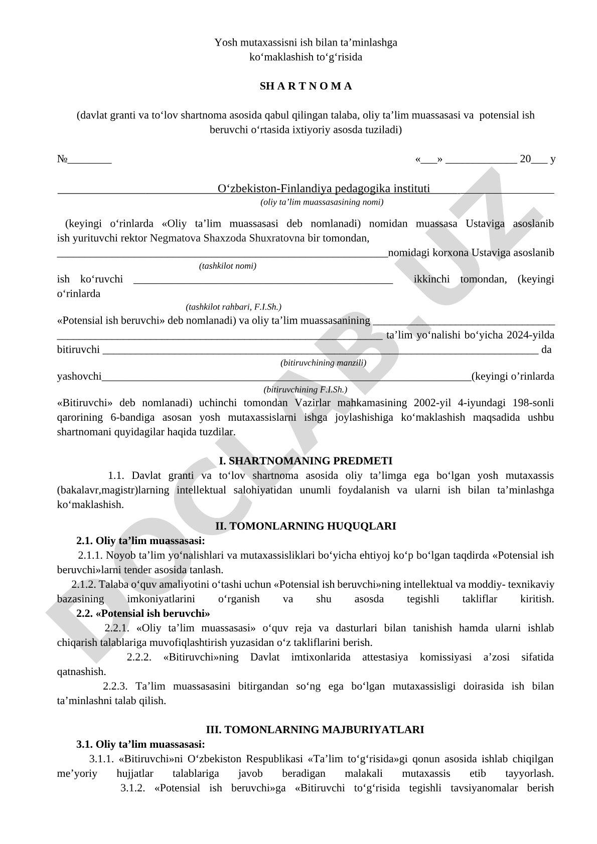 Yosh mutaxassisni ish bilan ta’minlashga ko‘maklashish to‘g‘risida shartnoma