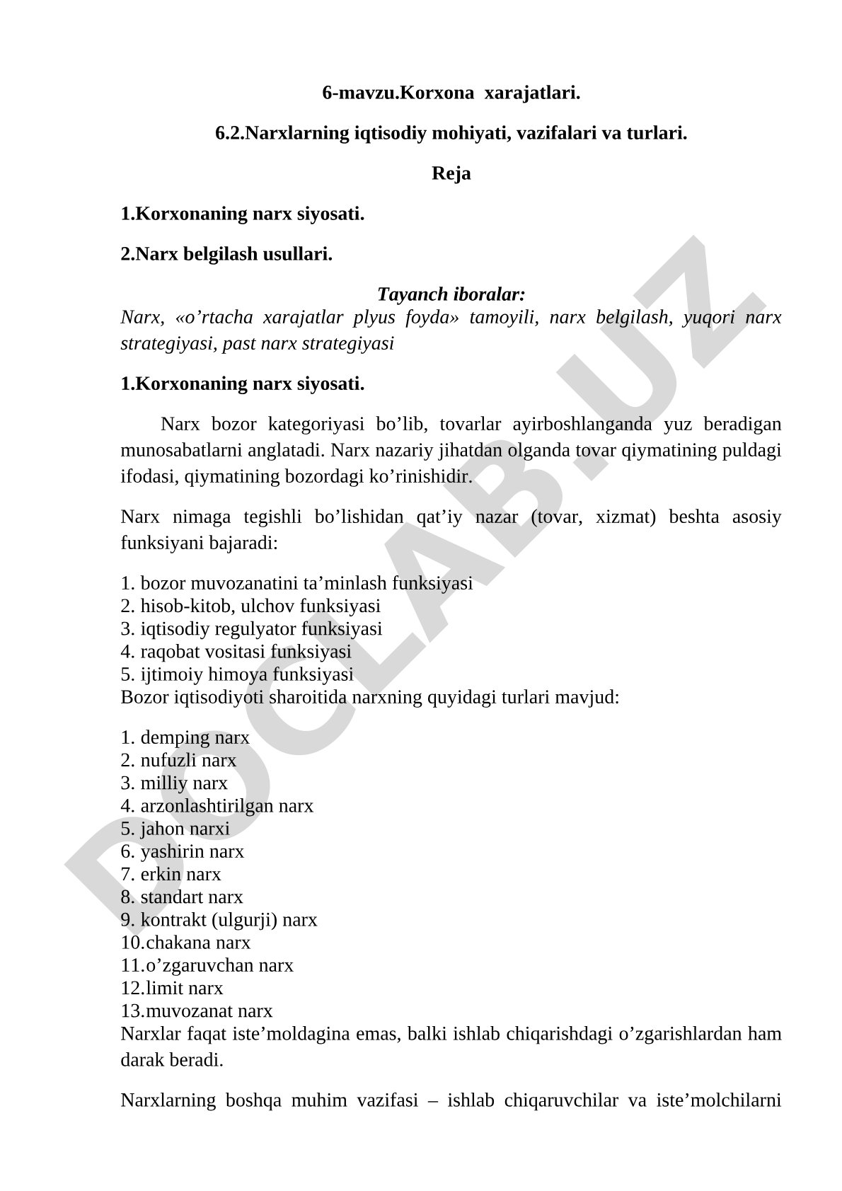 Korxona xarajatlari. Narxlarning iqtisodiy mohiyati, vazifalari va turlari