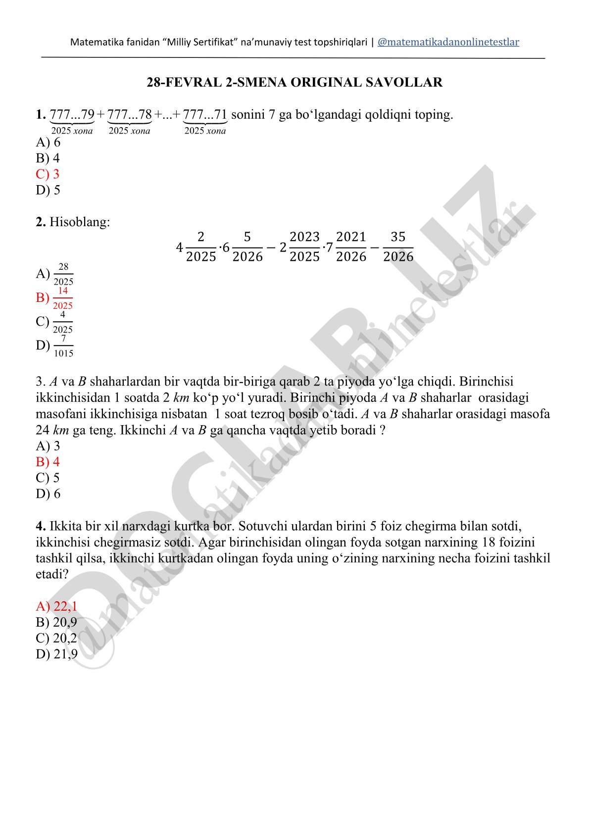 Matematika fanidan Milliy Sertifikat na’munaviy test topshiriqlari