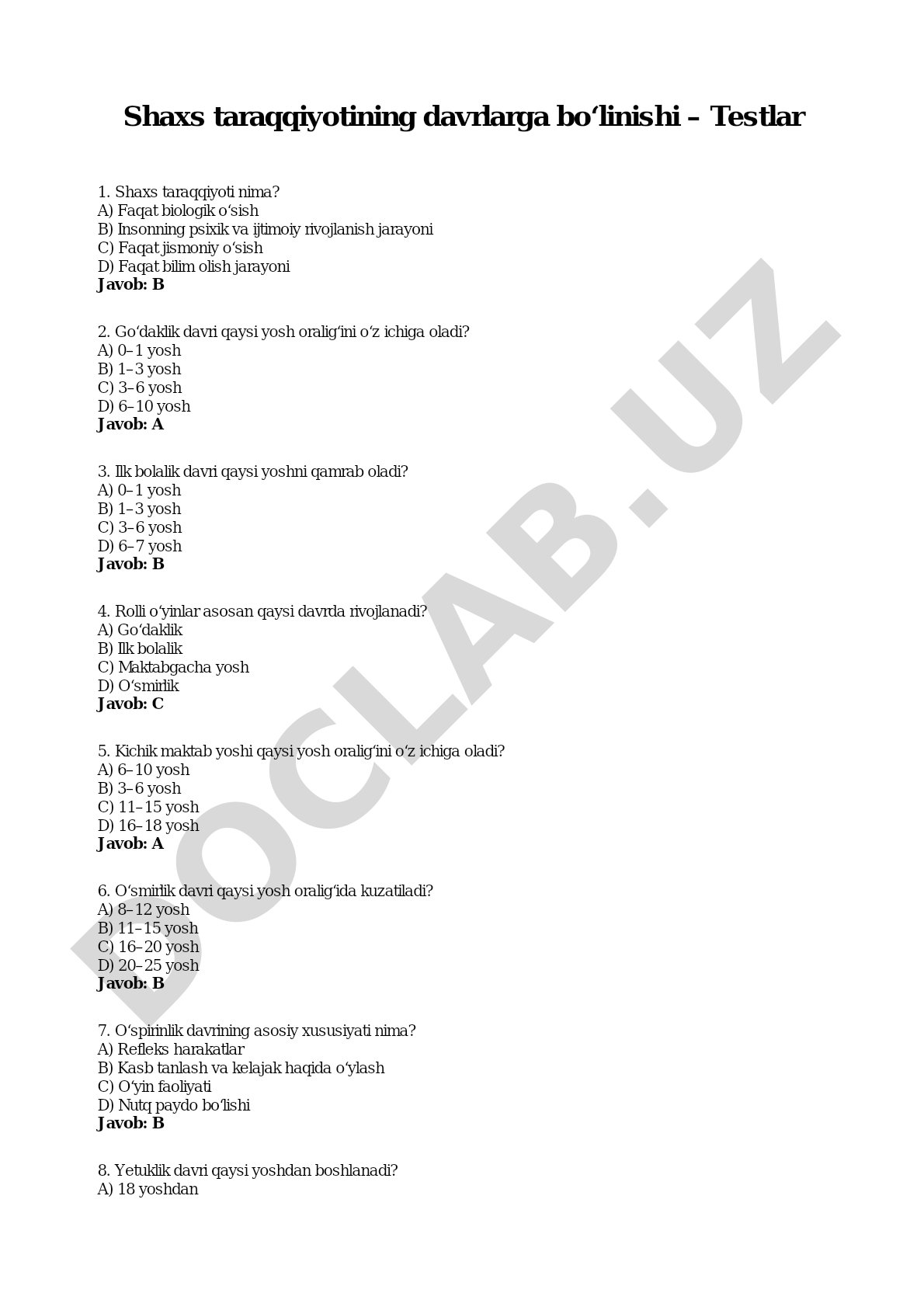 Shaxs taraqqiyotining davrlarga bo‘linishi – Testlar