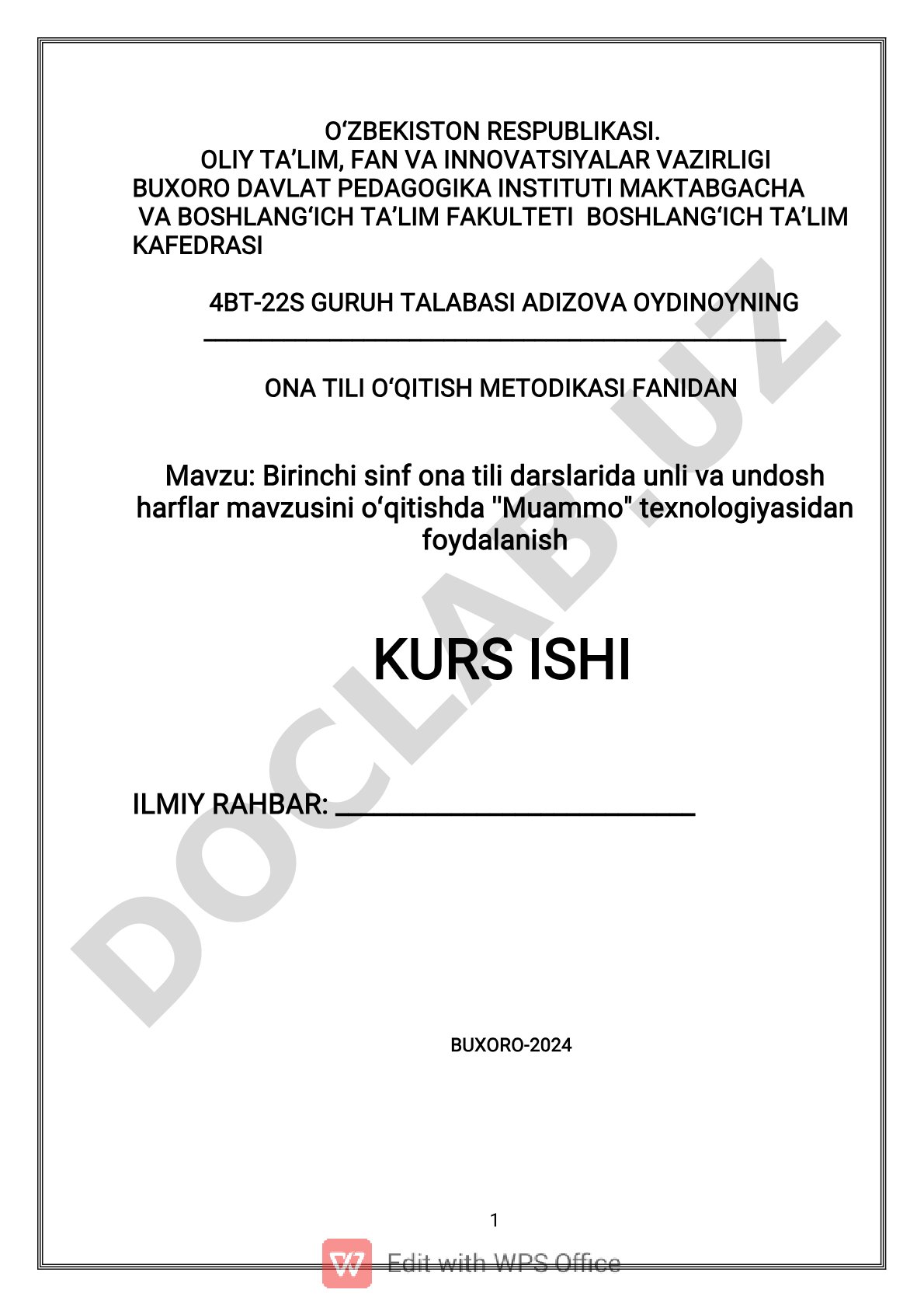 Birinchi sinf ona tili darslarida unli va undosh harflar mavzusini o'qitishda "Muammo" texnologiyasidan foydalanish