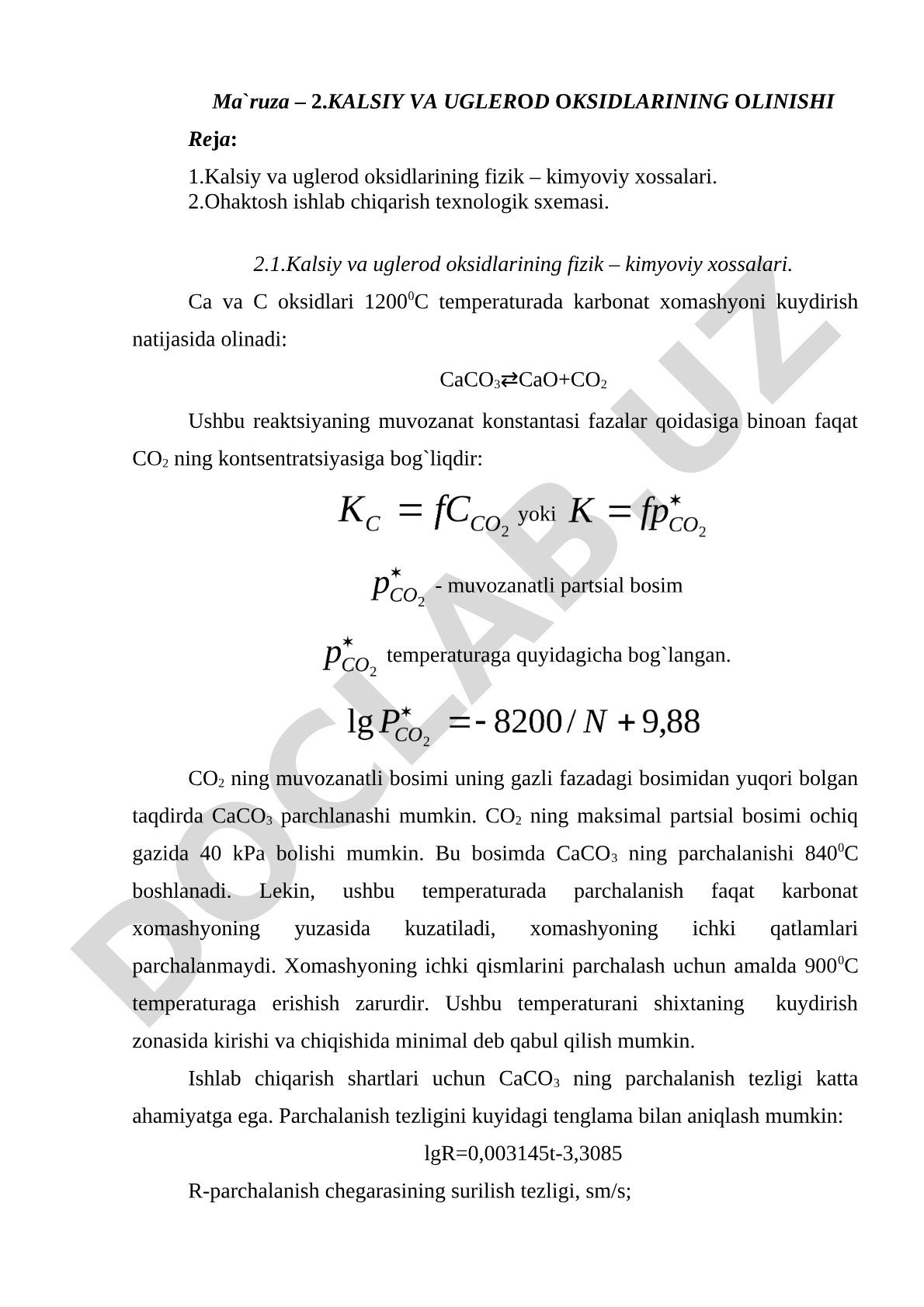 Kalsiy va uglerod oksidlarining olinishi