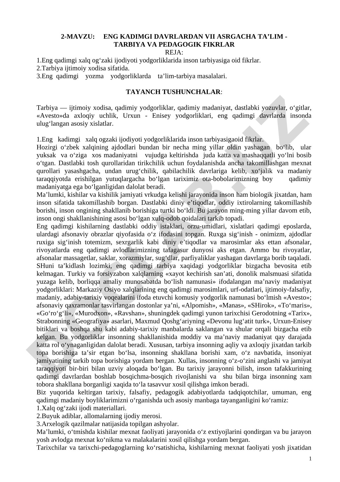 Eng qadimgi davrlardan VII asrgacha ta’lim - tarbiya va pedagogik fikrlar