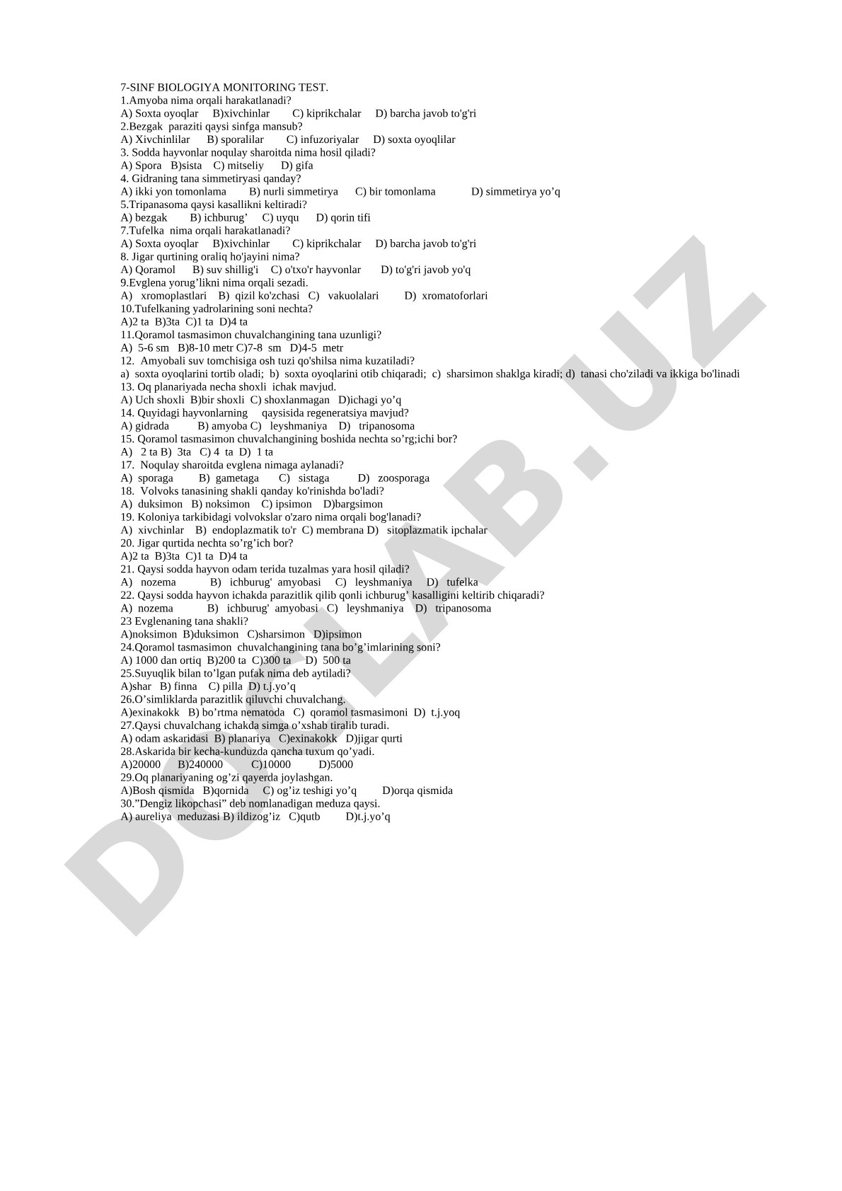 7-sinf biologiya monitoring test