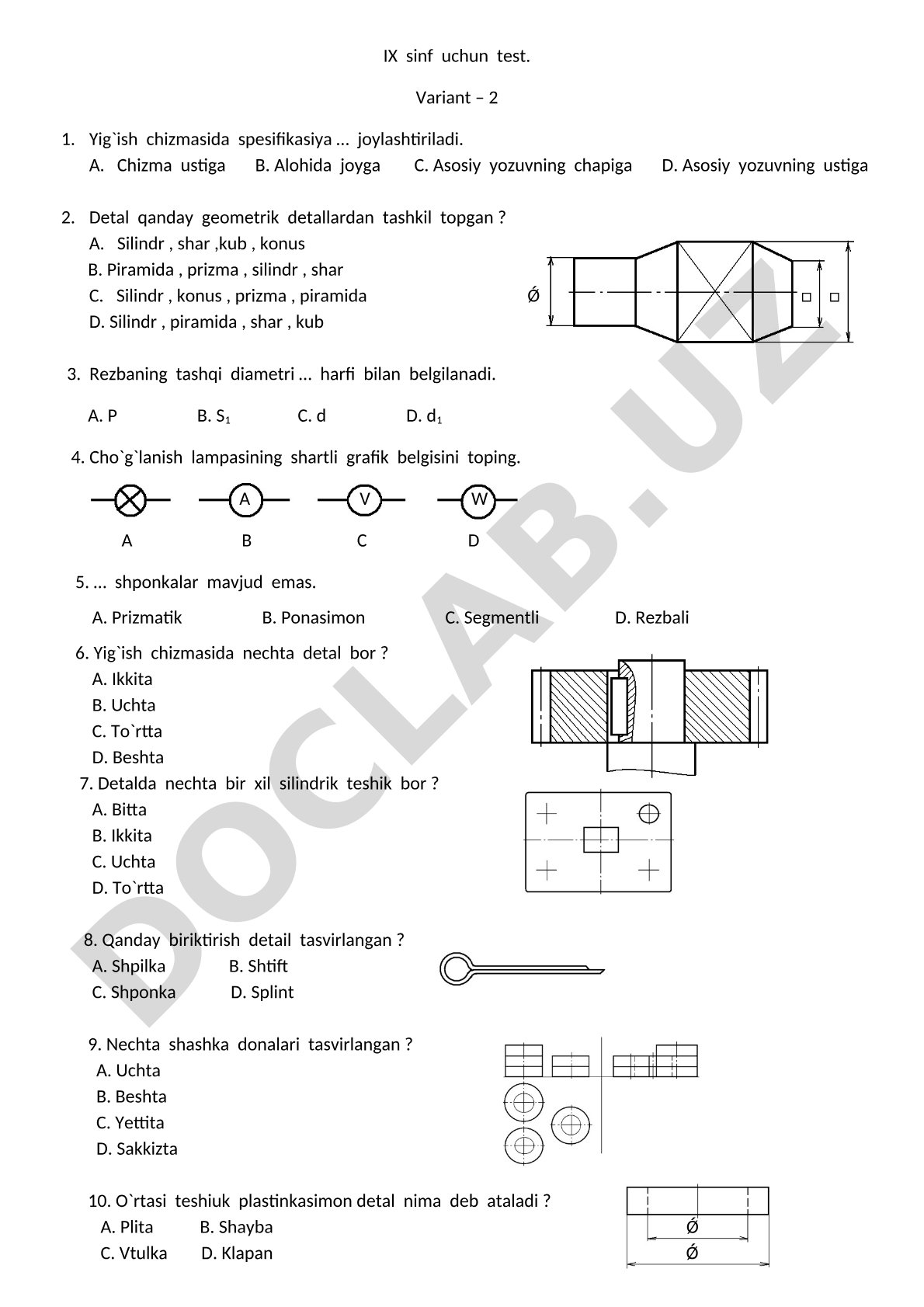 IX sinf chizma fanidan test savollari (2-variant)