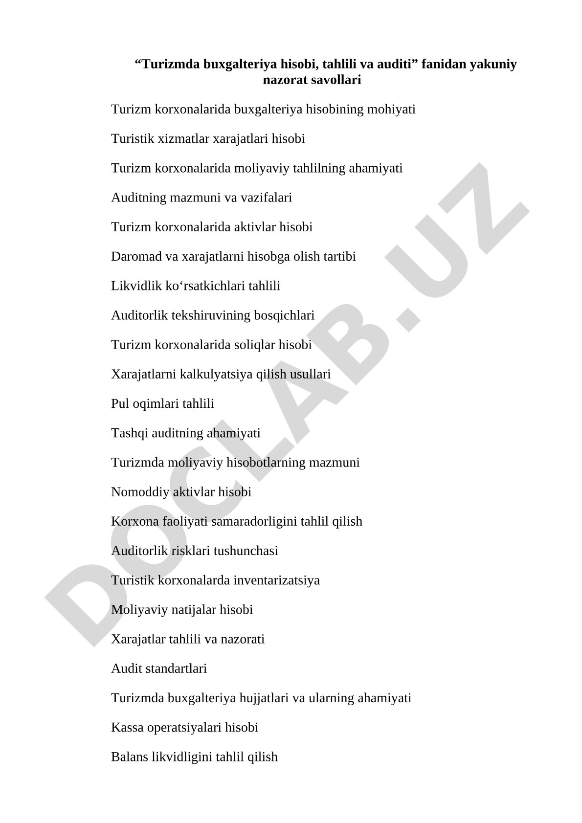 Turizmda buxgalteriya hisobi, tahlili va auditi