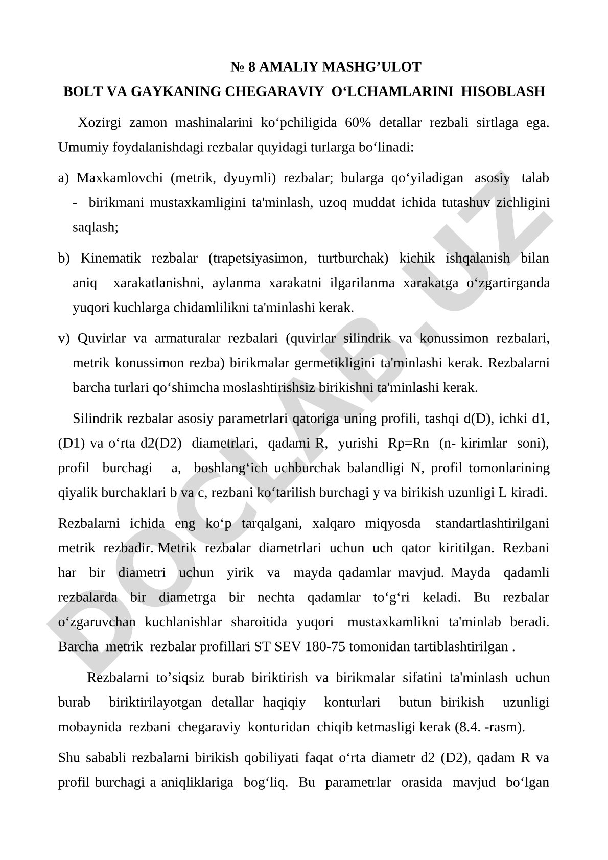 Bolt va gaykaning chegaraviy o‘lchamlarini hisoblash