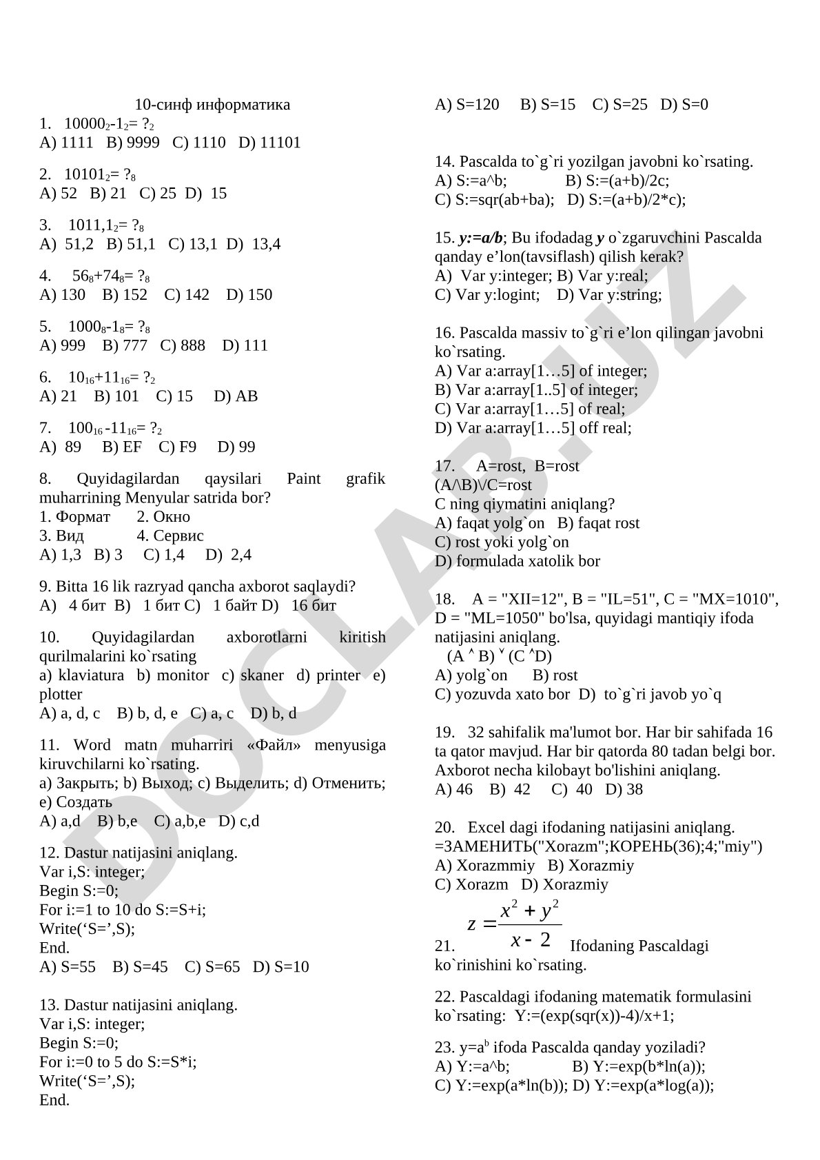 10-sinf informatika test savollari
