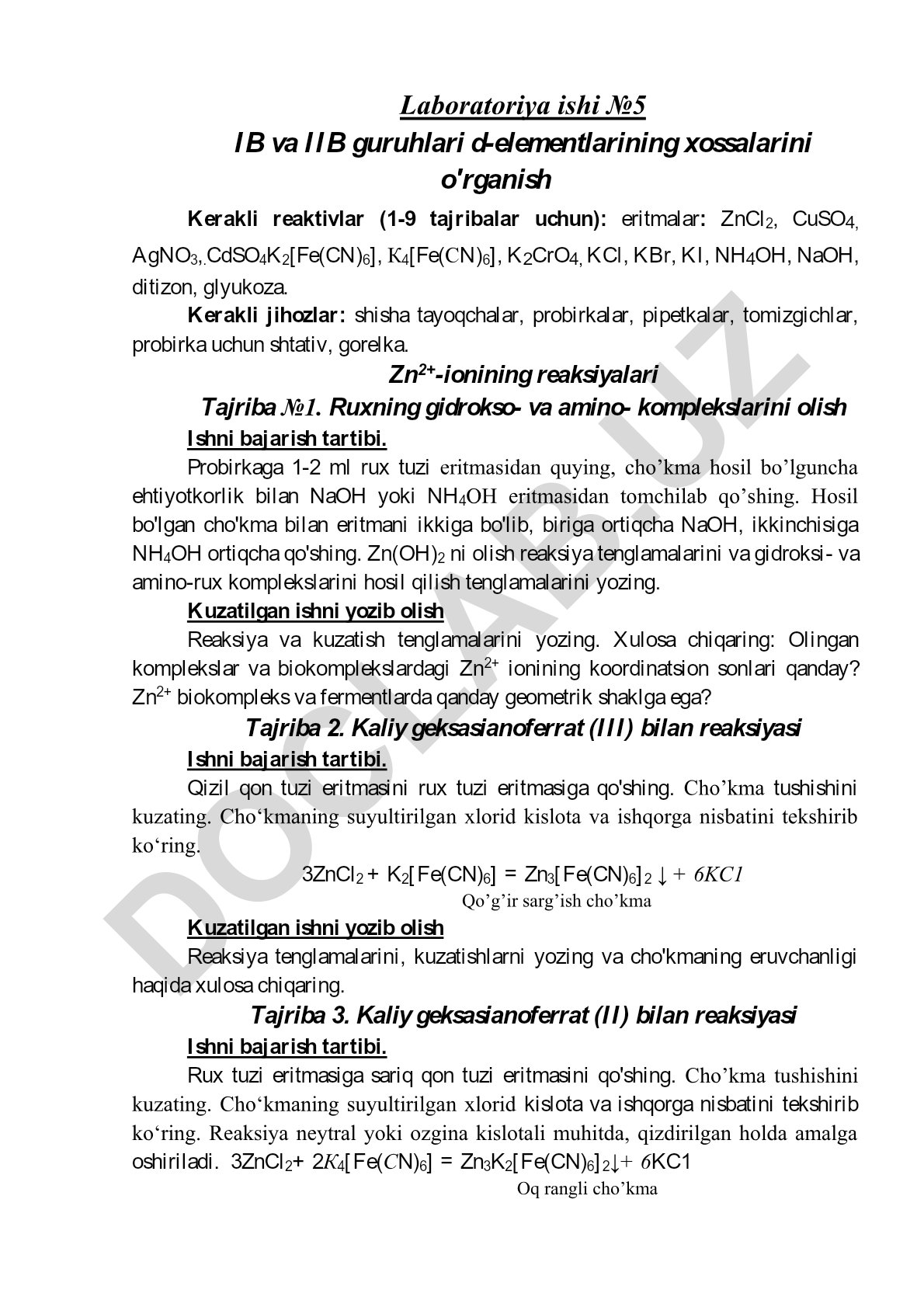 D-elementlarining xossalarini o'rganish laboratoriya ishi №5