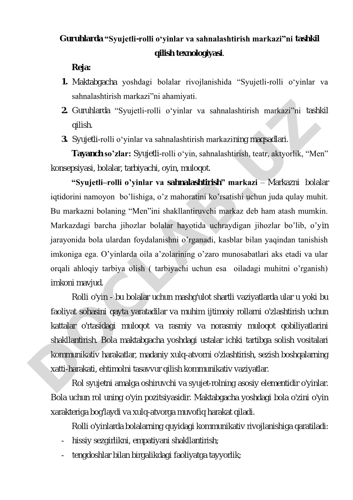 Guruhlarda “Syujetli-rolli o‘yinlar va sahnalashtirish markazi”ni tashkil qilish texnologiyasi