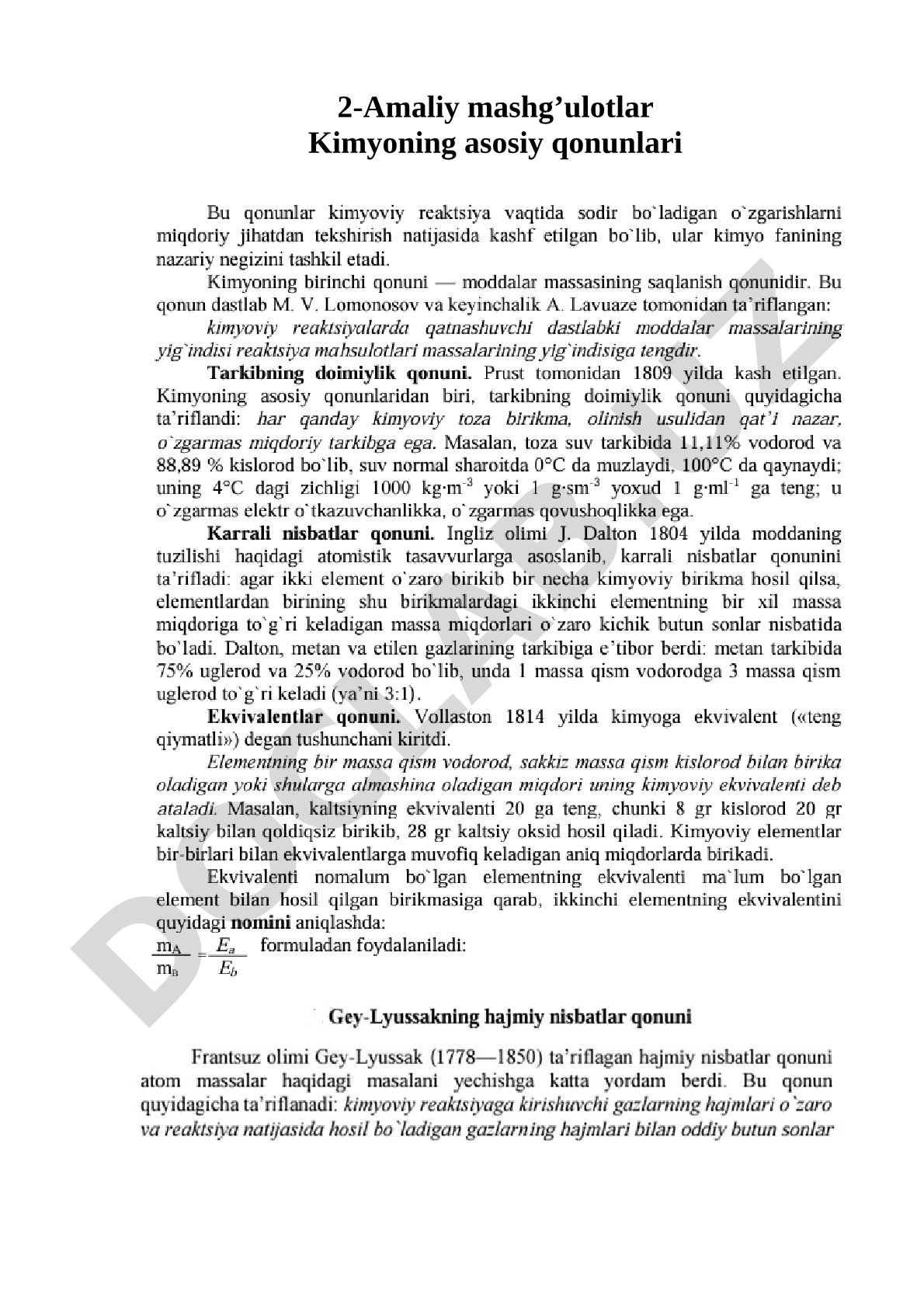 2-Amaliy mashg’ulotlar Kimyoning asosiy qonunlari