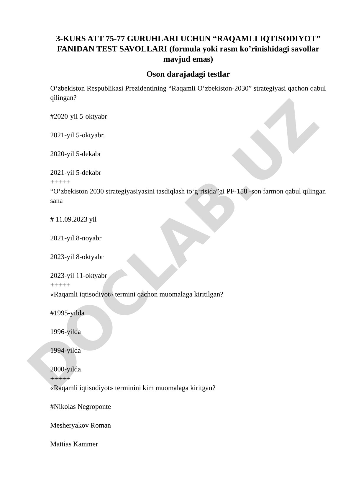 Raqamli iqtisodiyot fanidan test savollari