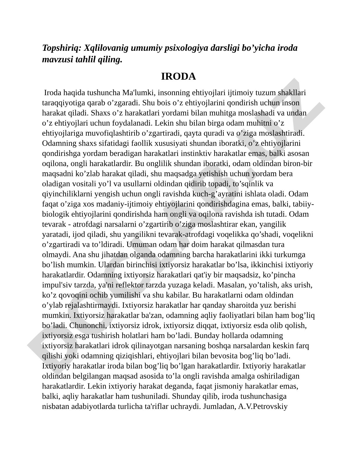 Iroda tushunchasi, ongli harakatlar va maqsadga yo'naltirilganlik tahlili