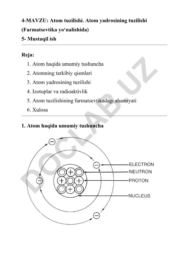 Atom tuzilishi va yadrosining tuzilishi (Farmatsevtika yo‘nalishida)
