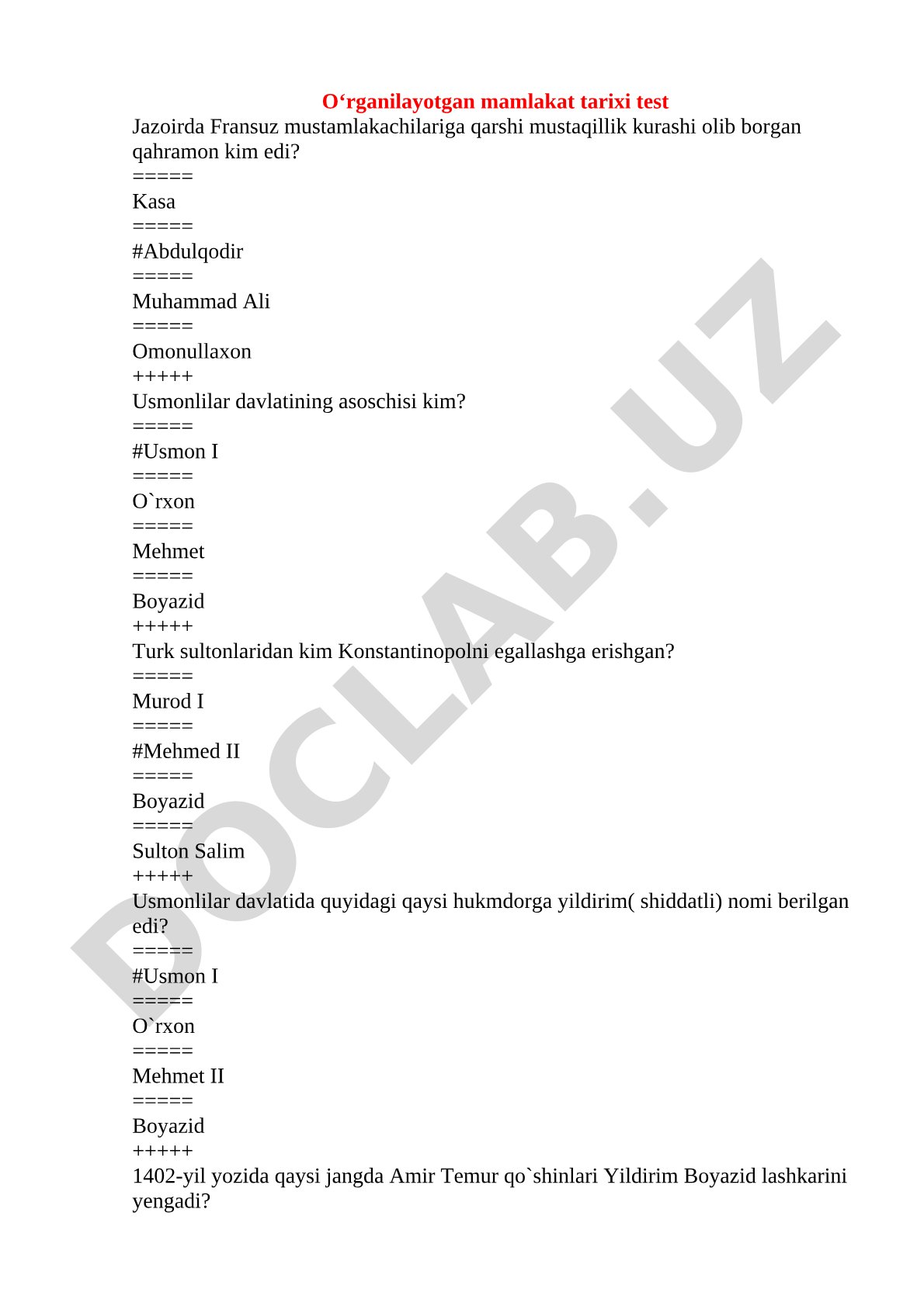 Jazoir va Usmonlilar tarixiga oid test savollari