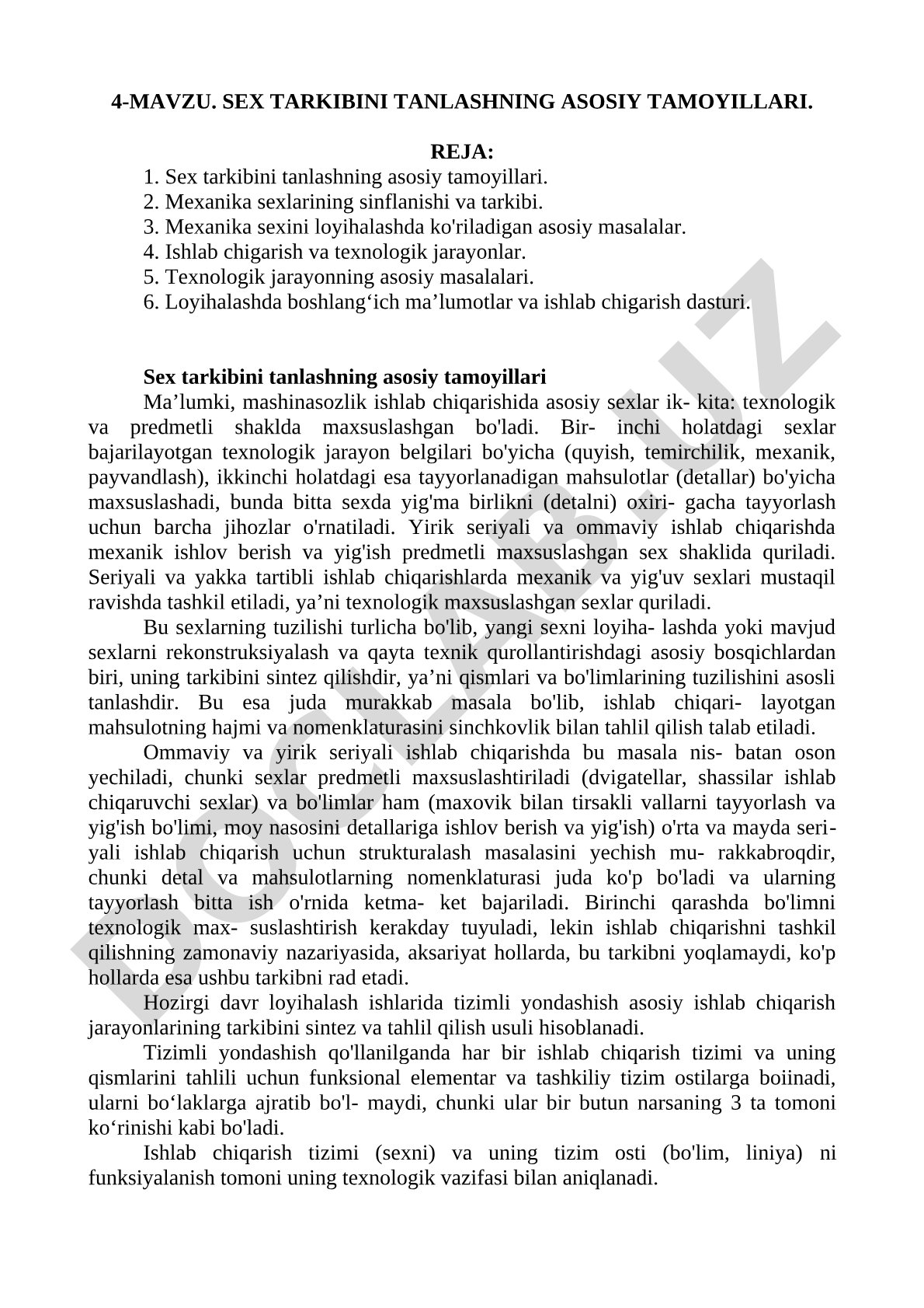 Sex tarkibini tanlashning asosiy tamoyillari