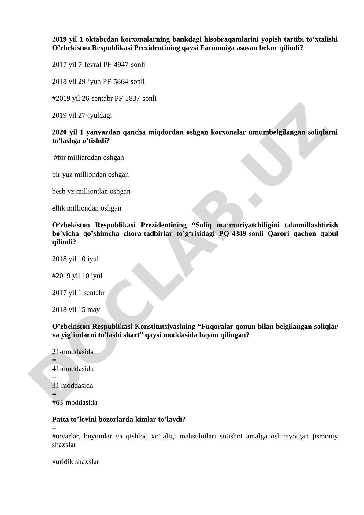 O'zbekiston soliq qonunchiligi bo'yicha test savollari