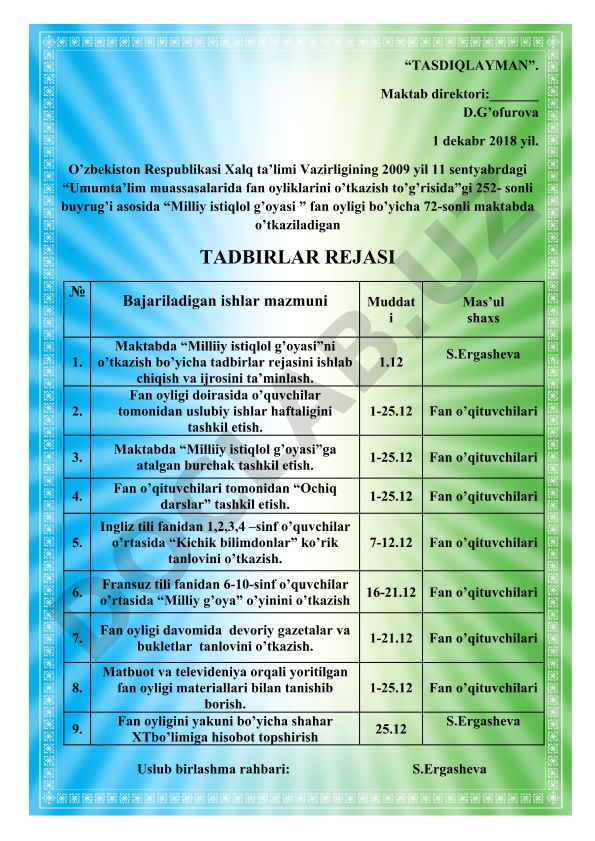 Milliy istiqlol g'oyasi fan oyligi tadbirlar rejasi