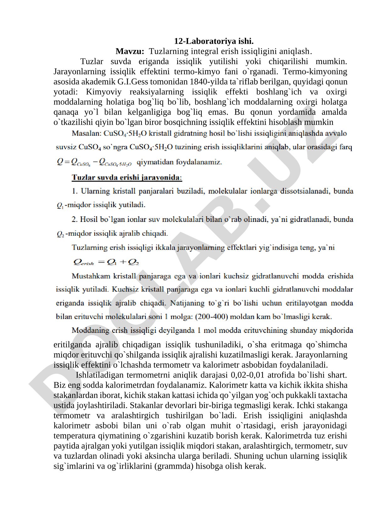 Tuzlarning integral erish issiqligini aniqlash