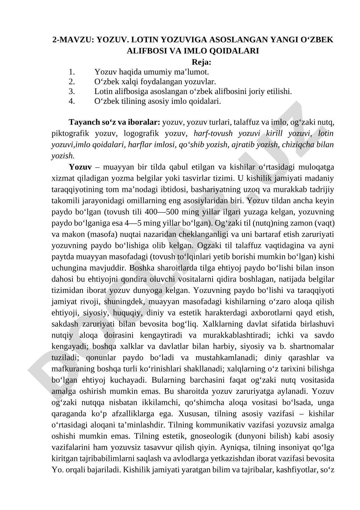 Yozuv. Lotin yozuviga asoslangan yangi o‘zbek alifbosi va imlo qoidalari