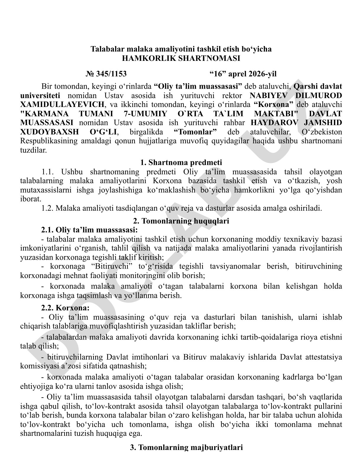 Talabalar malaka amaliyotini tashkil etish bo'yicha hamkorlik shartnomasi